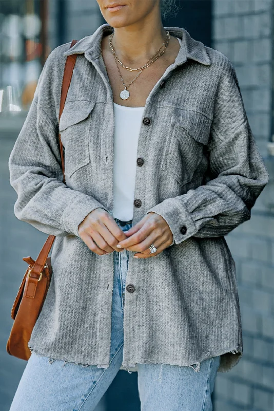 Skirt style Textured Button Down Shirt Jacket with Pockets