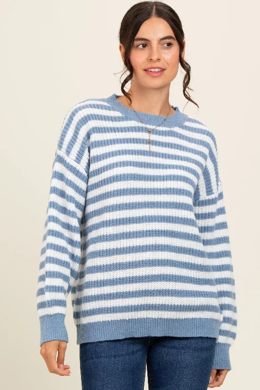 Hip-hop Style Blue Striped Crew Neck Sweater