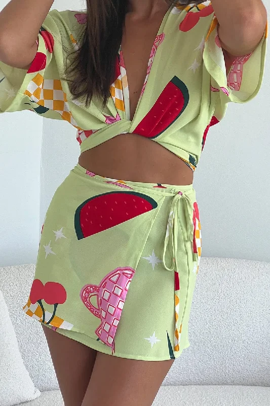 Fashionable Prints French Retro Green Abstract Wrap Skirt High Rise Mini