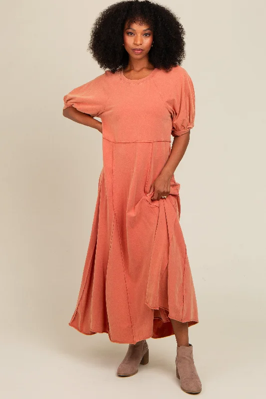 Avant-garde trend Rust Vintage Wash Puff Sleeve Maxi Dress