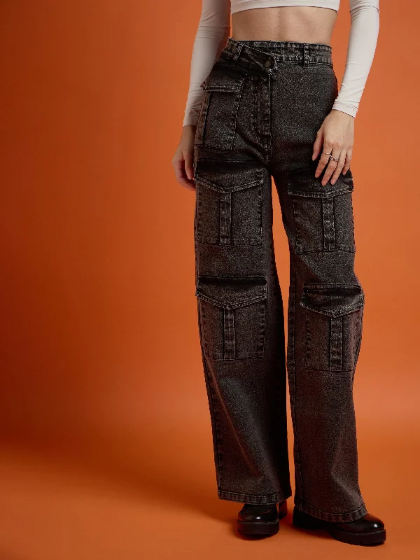 Printed Patterns French Retro Women Black Washed Cargo Straight Jeans