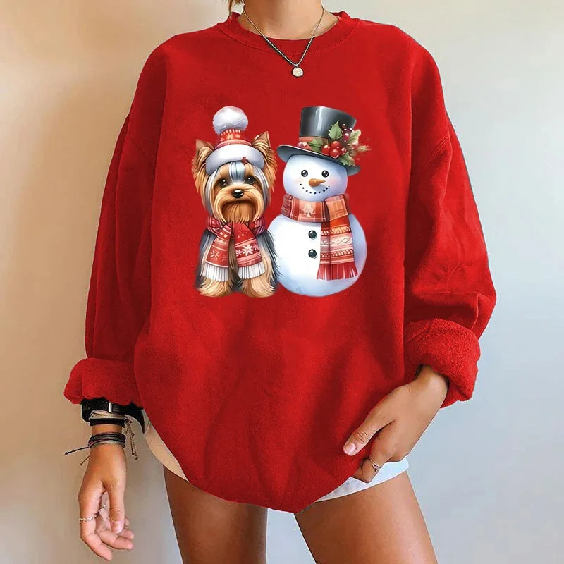 Sports Trend High-end Design Y2K Snowman Dog Printed Christmas Hoodie