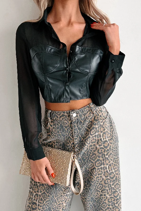 Exquisite Embroidery Sports Fashion Sheer Passion Faux Leather Blouse (Black)