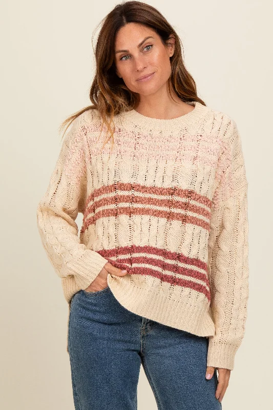 Sweet Girl Beige Mixed Cable Knit Striped Sweater