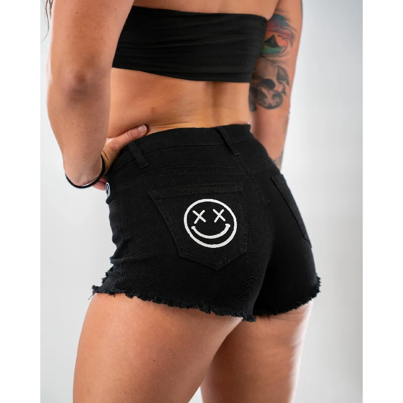 French Style Luxury Style Salty Savage Ladies High Rise “OG Smile” Distressed Stretch Jean Shorts | Black
