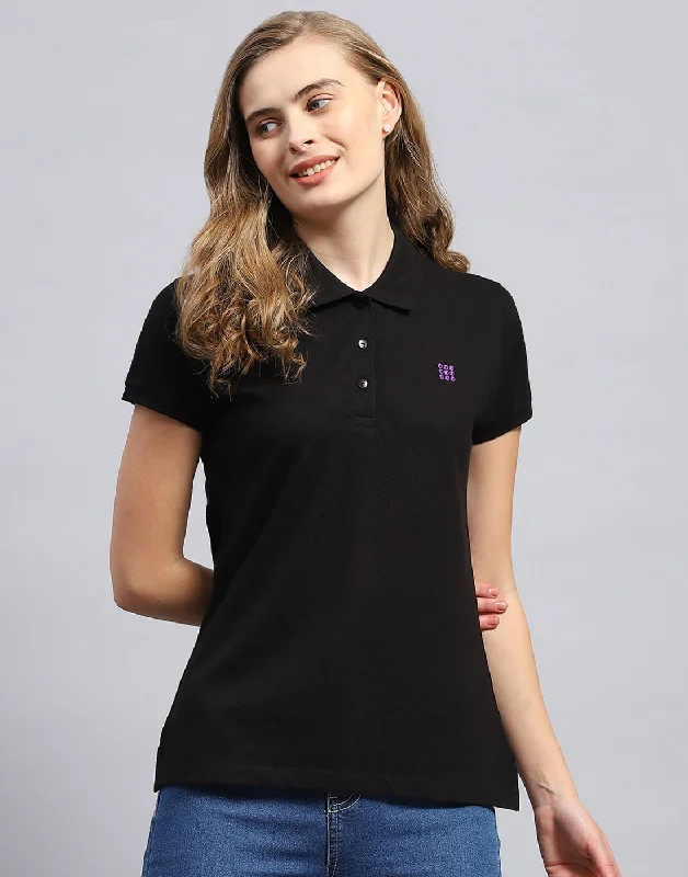 Elegant And Charming Celebrity Style Women Black Solid Polo Collar Half Sleeve T-Shirt Elegant And Charming Celebrity Style Women Black Solid Polo Collar Half Sleeve T-Shirt