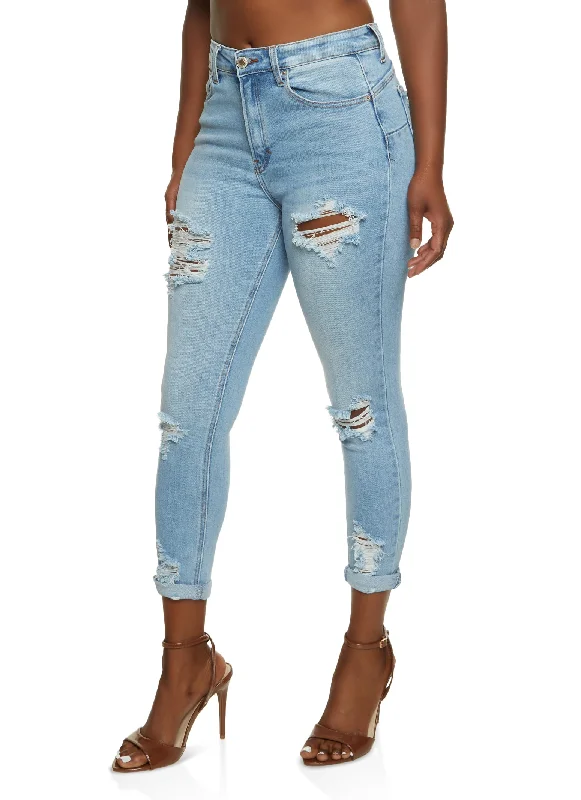 Perfect Tailoring Comfortable Series WAX Ripped Rolled Cuff Skinny Jeans