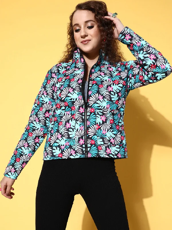 Fashionable Prints College Style Women Black & Teal Tropical Puffer Jacket