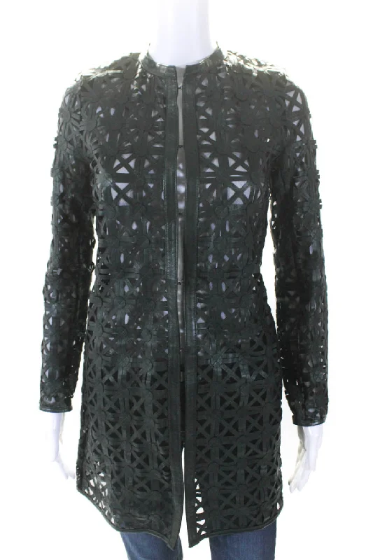 Exquisite Embroidery In Transit Womens Metallic Leather Mesh Hook & Eye Jacket Dark Green Exquisite Embroidery In Transit Womens Metallic Leather Mesh Hook & Eye Jacket Dark Green