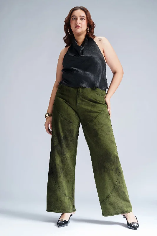 Avant-garde Design High Street Style Stardust Olive Curve Panelled Straight Fit Jeans