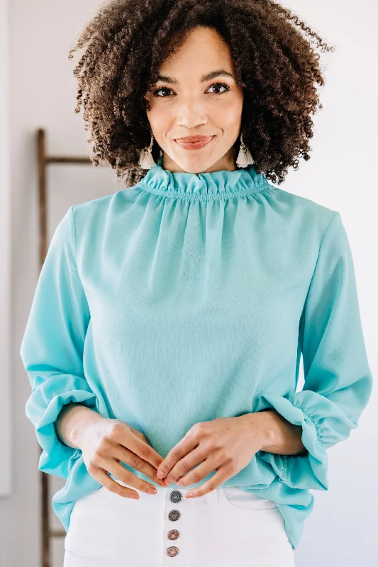 Comfortable And Cold-proof Sweet Style Tried And True Aqua Blue Ruffled Blouse