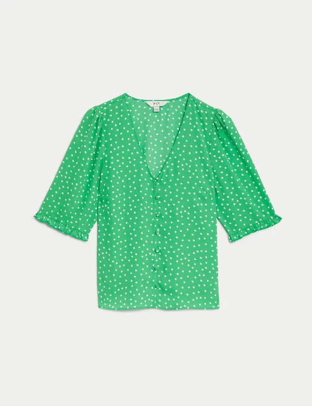 Refreshing Design Luxury Temperament Printed V-Neck Puff Sleeve Blouse