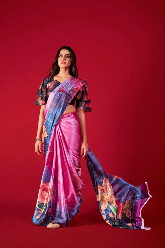 British casual Women's Multicolor Digital Printed satin Crepe saree With Blouse  (Saree Blouse Without stitch) - Aastha Fashion