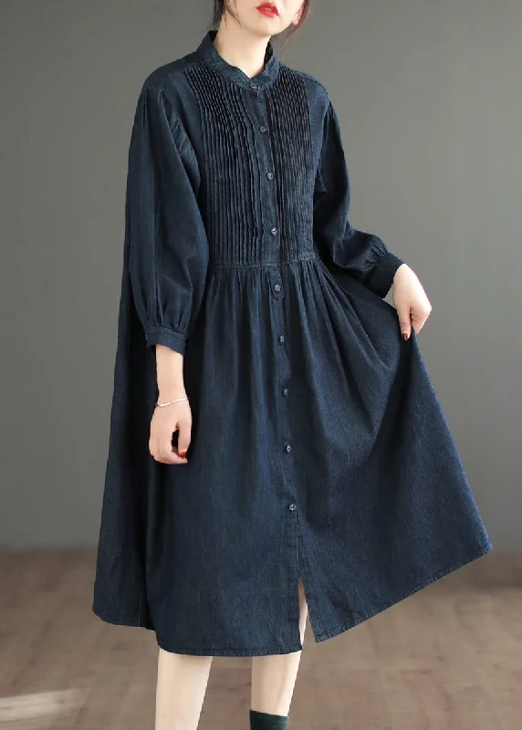 Avant-garde Design Exquisite Embroidery Navy Solid Button Denim Blouses Dresses O Neck Long Sleeve Avant-garde Design Exquisite Embroidery Navy Solid Button Denim Blouses Dresses O Neck Long Sleeve