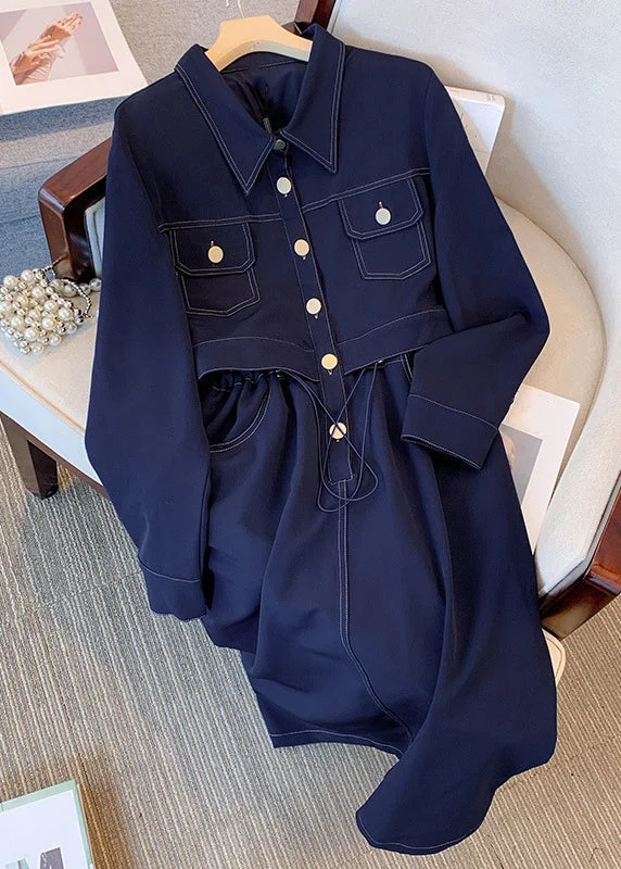 High-quality Styles Denim Design Plus Size Navy Drawstring Pockets Denim Dress Long Sleeve High-quality Styles Denim Design Plus Size Navy Drawstring Pockets Denim Dress Long Sleeve