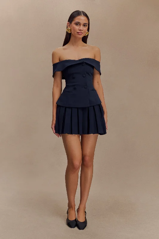 Floral Prints British Fashion Mura Pleated Mini Skirt - Navy