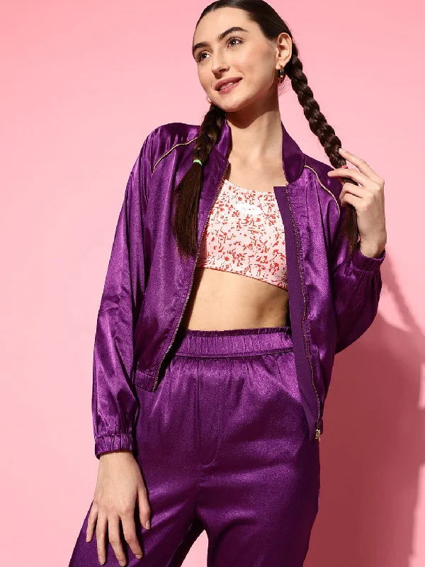 Editorial Design French Style Women Purple Lycra Satin Constrast Piping Bomber Jacket