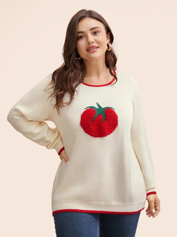 Sweet Style Fresh And Natural Tomato Pattern Embroidered Contrast Trim Pullover