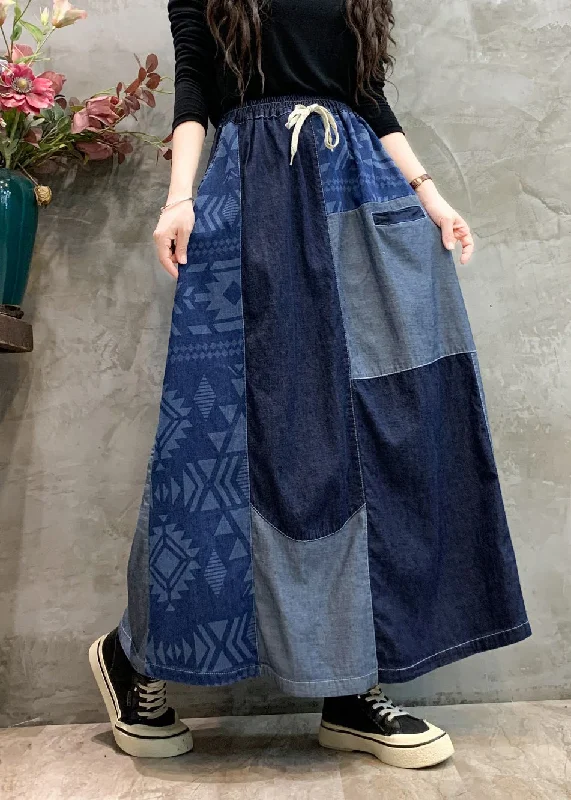 Unique Prints High-end Fabrics Boho Casual Navy Patchwork Elastic Waist Denim Skirts Spring Unique Prints High-end Fabrics Boho Casual Navy Patchwork Elastic Waist Denim Skirts Spring