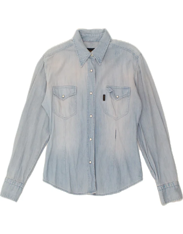Feminine Charm Youthful Street Fashion WAMPUM Womens Denim Shirt UK 14 Medium Blue Cotton