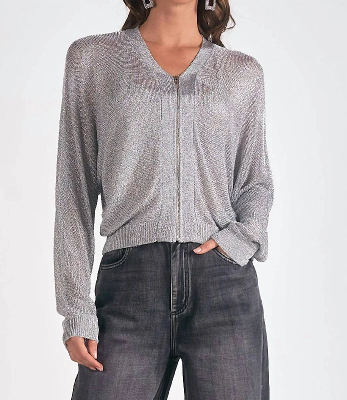 Independent design Metallic Zip Sweater Cardigan In Silver