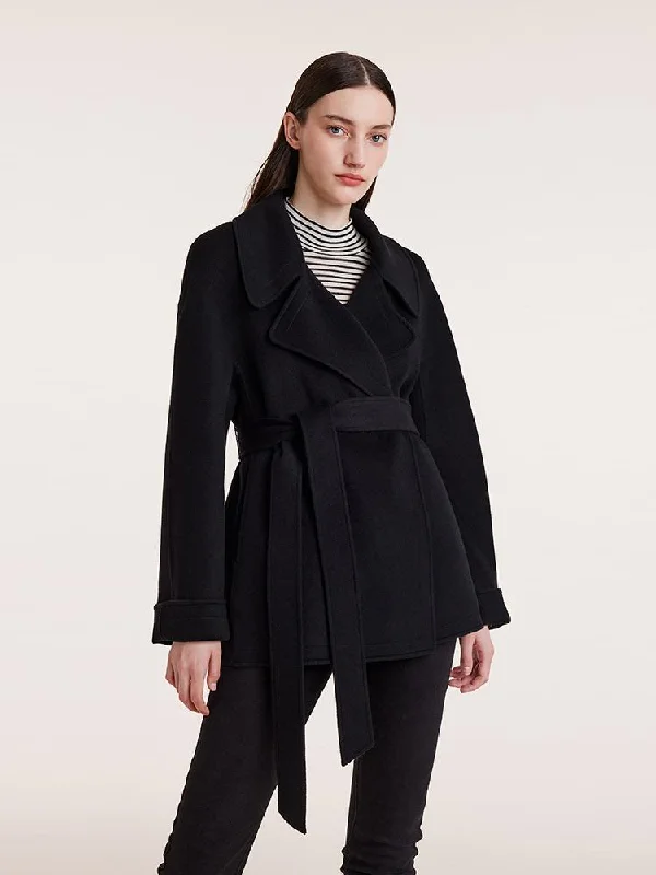 Retro Fashion Elegant Tailoring Tencel Wool Lapel Double-Faced Women Coat With Belt