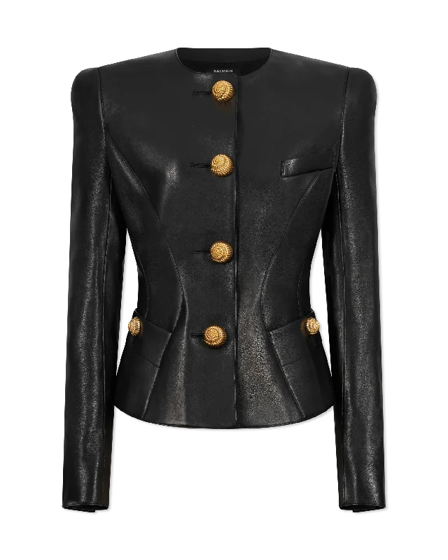 Perfect Tailoring Fresh And Simple Lambskin Leather Peplum Jacket
