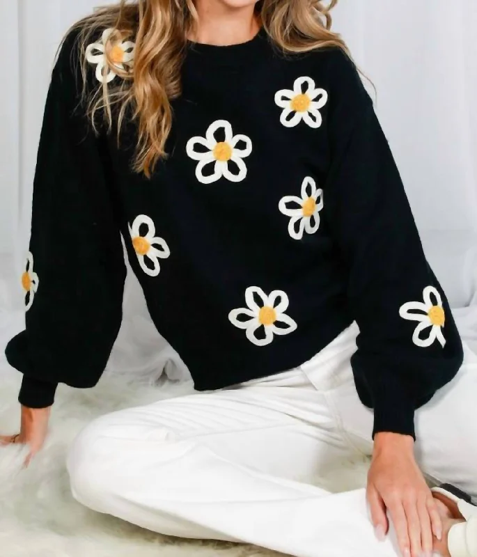 Exquisite Craftsmanship Carefree Crew Neck Balloon Sleeve Floral Embroidered Sweater In Black Exquisite Craftsmanship Carefree Crew Neck Balloon Sleeve Floral Embroidered Sweater In Black