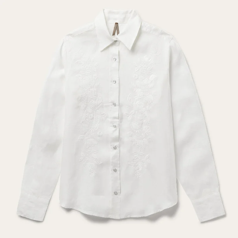 Warm Atmosphere Outdoor Trend Floral Embroidered White Linen Shirt