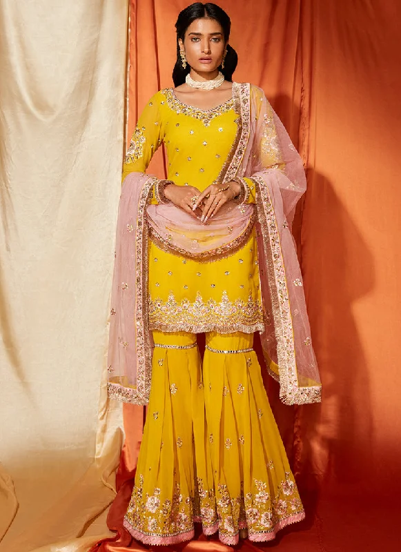 Autumn Selection Bottom And Versatile Mustard and Light Pink Georgette Gharara Suit Autumn Selection Bottom And Versatile Mustard and Light Pink Georgette Gharara Suit