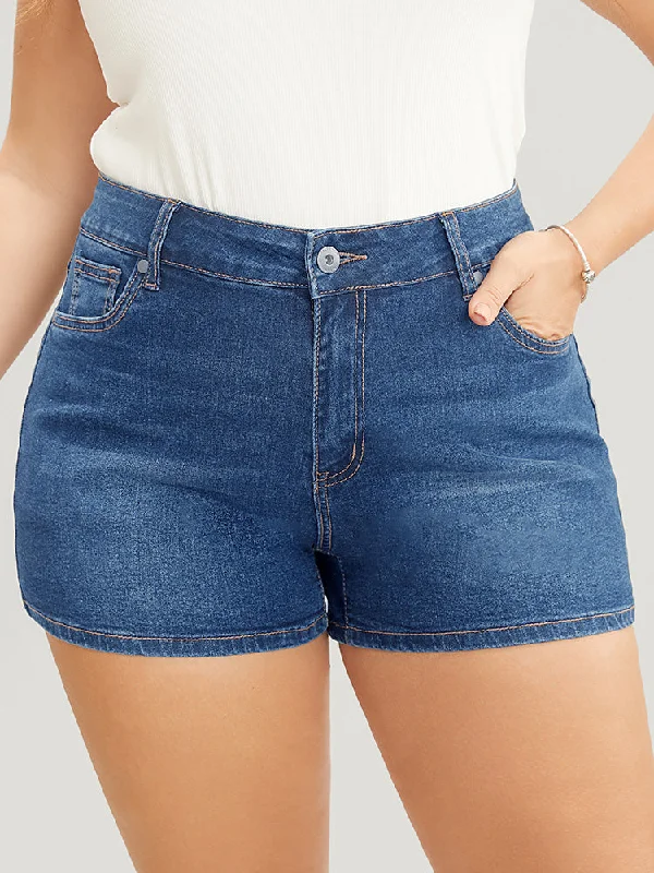 Personalized Wear French Style Skinny Very Stretchy High Rise Dark Wash Contrast Denim Shorts