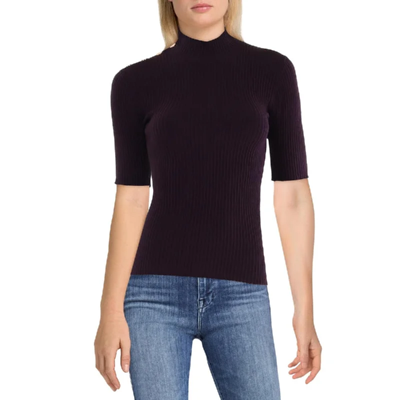 Comfortable and simple Womens Ribbed Knit Short Sleeve Funnel-Neck Sweater