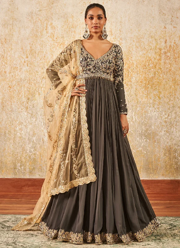 Celebrity Must-have Fashion Design Dark Grey Embroidered Anarkali