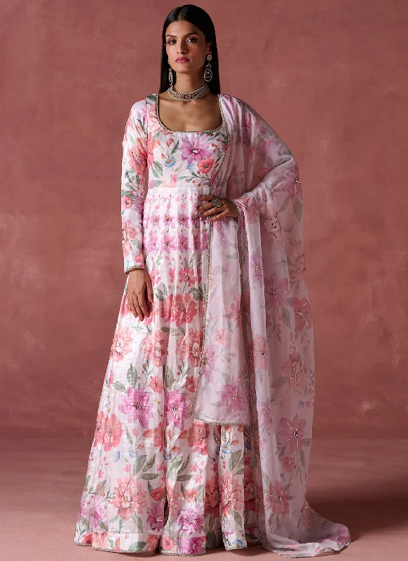 Advanced Customization Fashionable Items White Multicolor Floral Printed Crepe Anarkali Advanced Customization Fashionable Items White Multicolor Floral Printed Crepe Anarkali