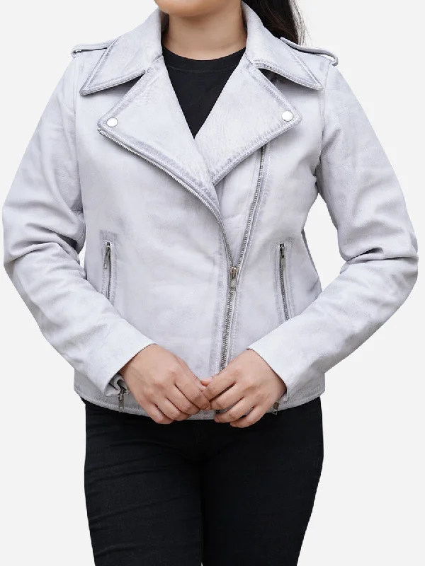 Feminine Charm Boutique Recommendation Women's White Real Leather Asymmetric Motorcycle Jacket