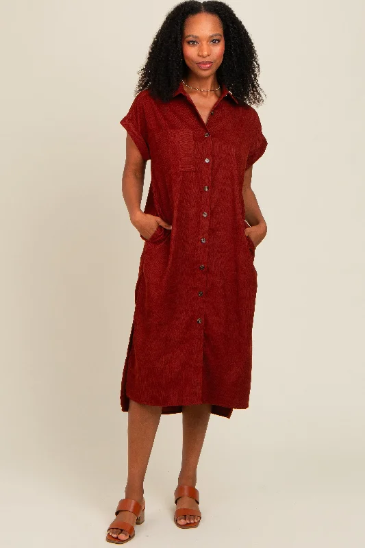 High Street Fashion Rust Corduroy Button Down Midi Dress