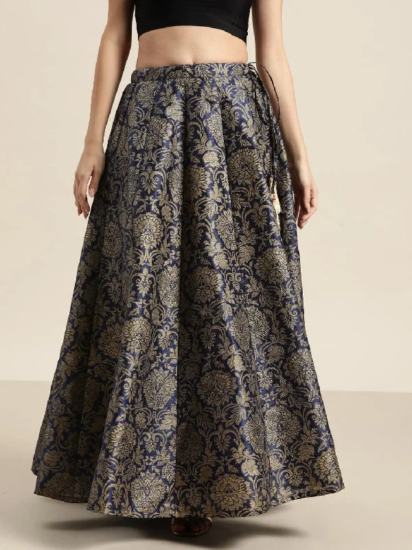 Age-reducing Style Fresh And Capable Navy Jacquard Floral Anarkali Skirt