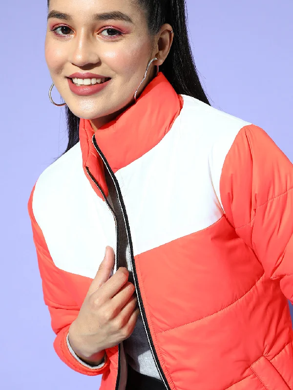 Classic And Versatile Versatile Items Women Coral & White Color Block Quilted Puffer Jacket