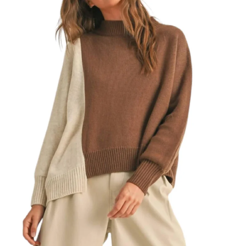 Multi-functional style Color Block Long Sleeve Sweater Top In Oatmeal/brown