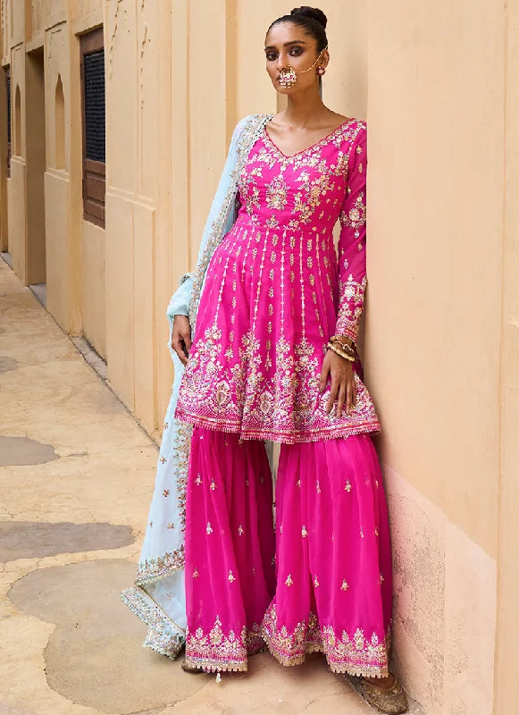 Lively And Youthful Fresh And Capable Hot Pink and Mint Georgette Gharara Suit