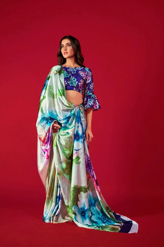 Comfortable down Women's Multicolor Digital Printed satin Crepe saree With Blouse  (Saree Blouse Without stitch) - Aastha Fashion