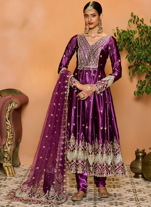 Personalized Design Elegant Tailoring Purple Embroidered Satin Anarkali