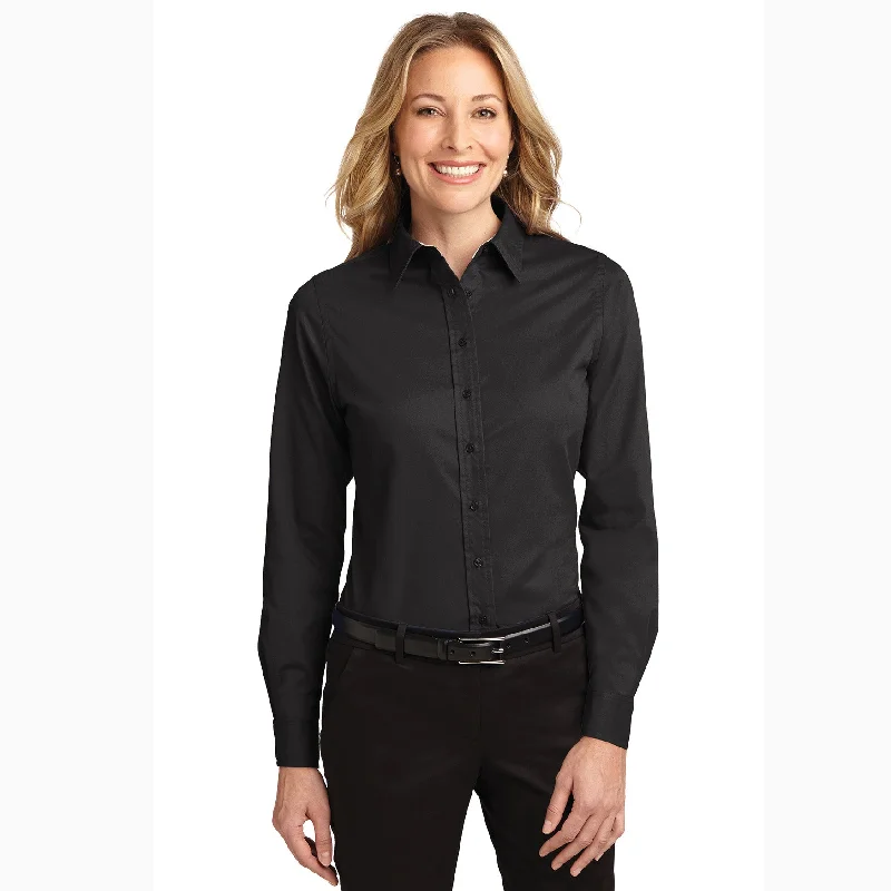 Retro Fashion Personalized Wear Ladies Solid Black Button Down Shirt