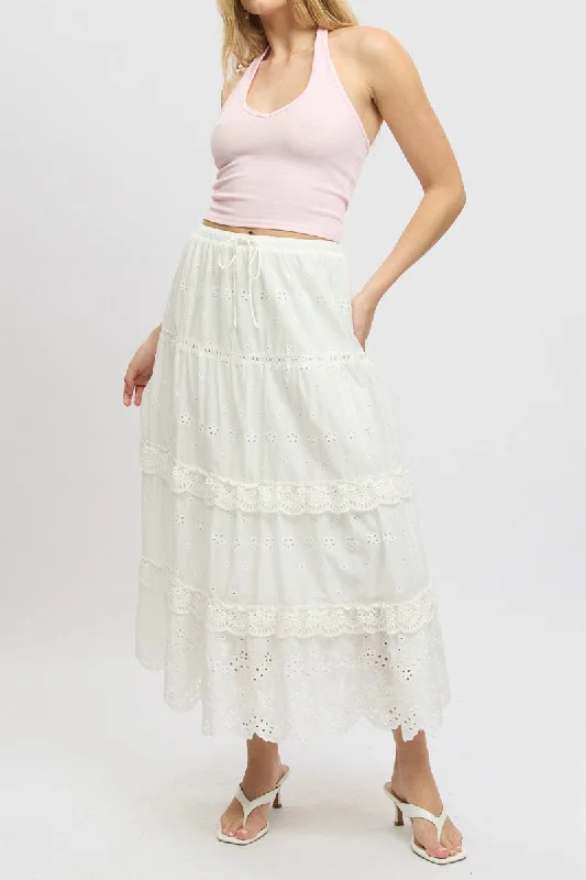 French Style French Style White Maxi Skirt High Waisted Tiered Broidery Eyelet