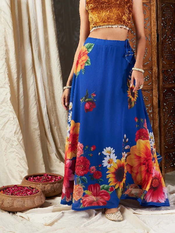 Editorial Design French Style Women Blue Floral Bias Flared Skirt