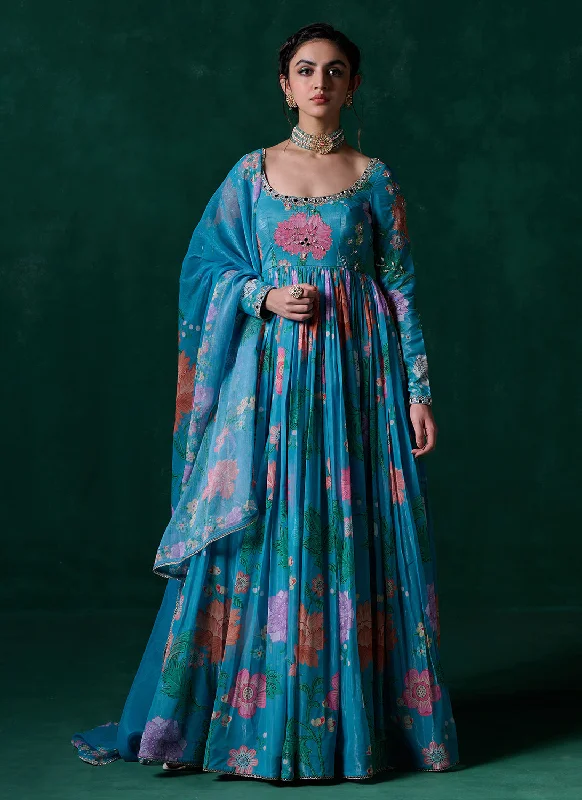 Retro Prints British Style Teal Multicolor Floral Printed Anarkali