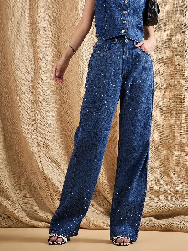 Soft And Comfortable Double-sided Wear Women Blue Washed Front Studded Straight Fit Jeans Soft And Comfortable Double-sided Wear Women Blue Washed Front Studded Straight Fit Jeans