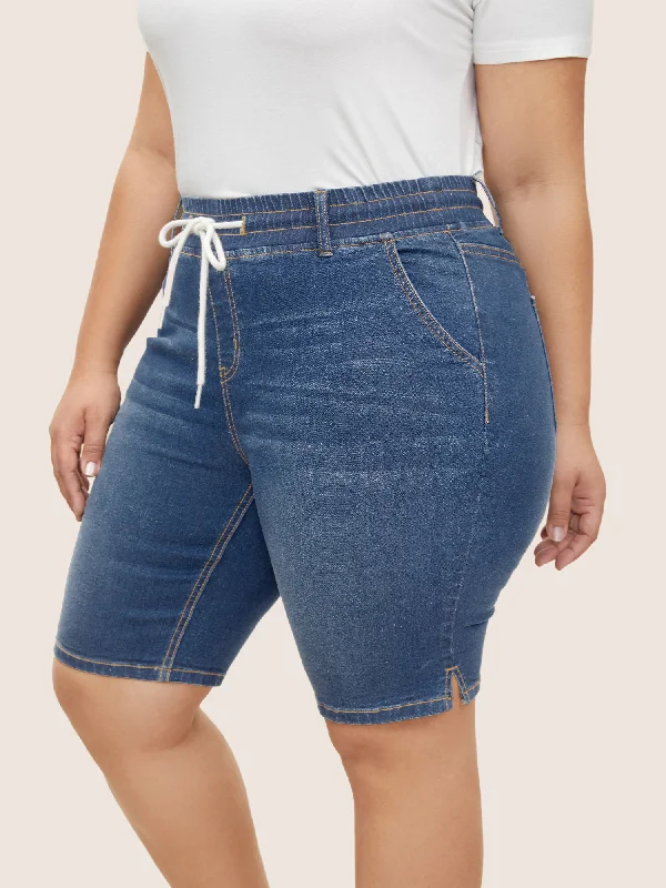 Exquisite Tailoring Free And Casual Dark Wash Drawstring Slit Hem Denim Shorts