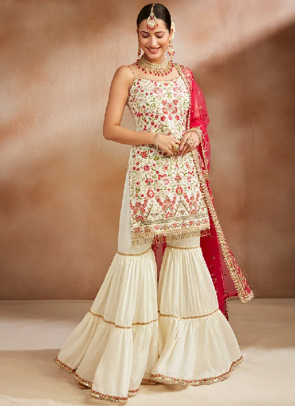 Trendy And Casual Comfortable Design Off White Multicolor Embroidered Gharara Suit Trendy And Casual Comfortable Design Off White Multicolor Embroidered Gharara Suit