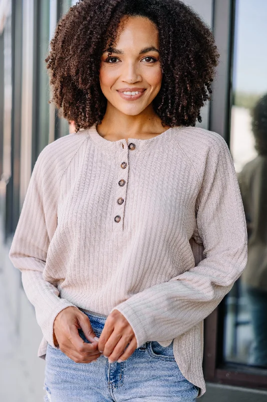 Sports Yoga Style Make You See Taupe Brown Henley Top